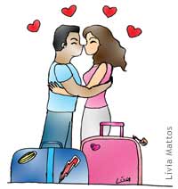 Um homem beijando o pescoço de uma mulher