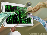 Foto de uma tela de computador com dinheiro saindo dela