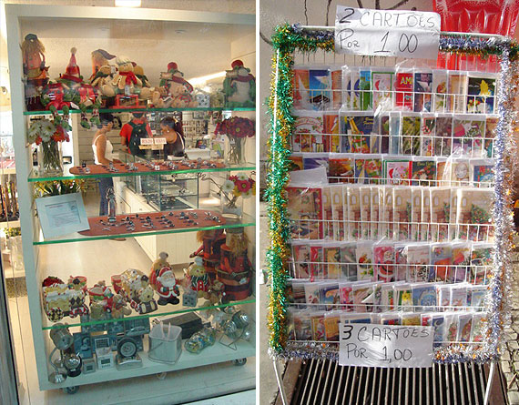 Montagem com fotos uma vitrine e uma banca vendendo cart?es