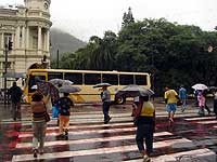 Foto de pessoas com sombrinha atravessando 
a Rio Branco