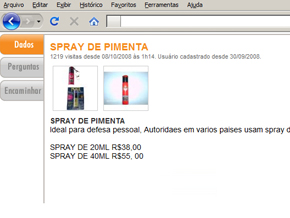Imagem de tela do computador mostrando site vendendo spray de pimenta