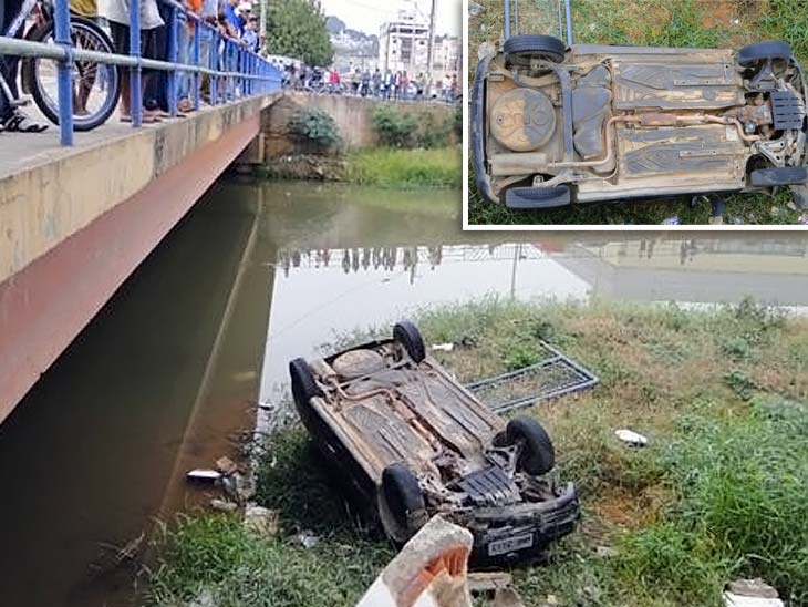 Carro cai às margens do rio Muriaé