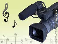 Ilustra&ccedil;&atilde;o de uma c&acirc;mera de filmar de onde saem notas musicais