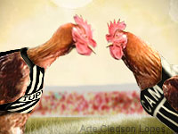 Arte mostrando dois galos frente-a-frente 