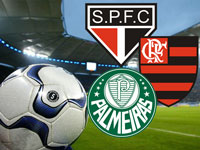 uma bola com os escudos do Flamengo, SP e Palmeiras. No fundo, um estádio de futebol