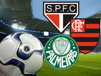 uma bola com os escudos do Flamengo, SP e Palmeiras. No fundo, um est&aacute;dio de futebol