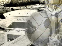 Ta&ccedil;a Jules Rimet, com um est&aacute;dio uma bola de futebol como se fosse o mapa mundi