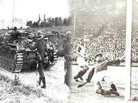 montagem de guerra e futebol