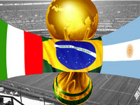 Taça Jules Rimet com as bandeiras da Itália, Brasil e Argentina, com estádio no fundo