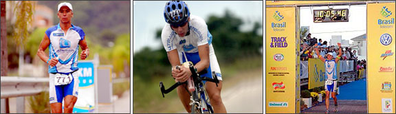 Foto de Marcos Hallack correndo, na bicicleta e na chegada