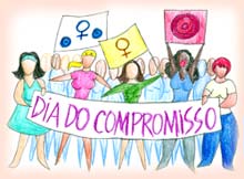 Ilustra&ccedil;&atilde;o representando uma passeata em prol da import&acirc;ncia do diagn&oacute;stico precoce do c&acirc;ncer de mama