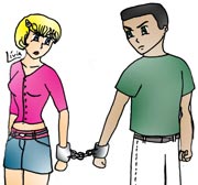 Ilustra&ccedil;&atilde;o de um casal unido por algemas