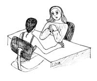 Ilustra??o duas pessoas conversando em uma mesa