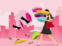 Mulher cheia de caixas de roupas, sapatos, ...