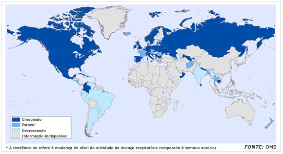 Mapa da tendência da Gripe A no mundo