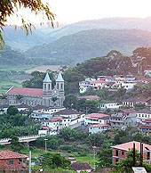 Foto de uma ?rvore pr?xima, umas casas ao longe e montanhas