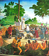Foto de um quadro de uma missa com os ?ndios logo ap?s a descoberta do Brasil