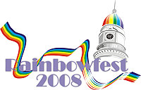 Montagem do rel?gio da antiga Prefeitura de JF com a bandeira do arco-?ris. Est? escrito Rainbow Fest 2008